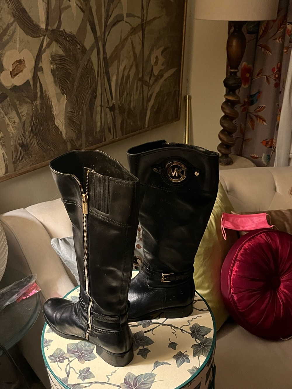 Michael Kors Black Leather Knee Boots with Gold-Tone Logo